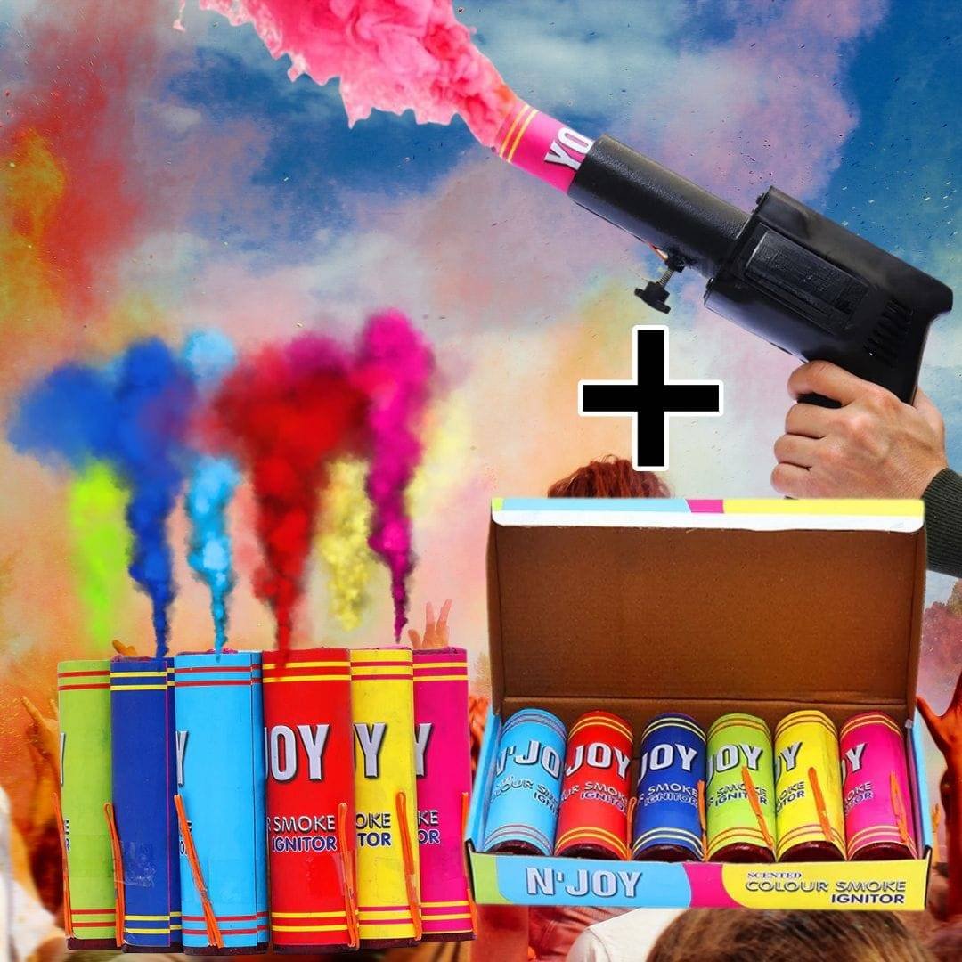 Holi Color Smoke Gun with 6 Color Smoke Refill for Holi Festival, Birthday, Wedding